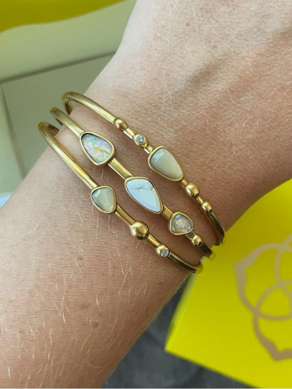 Kendra Scott Ivy Vintage Gold Open Cuff Bangle Bracelet in White Mix